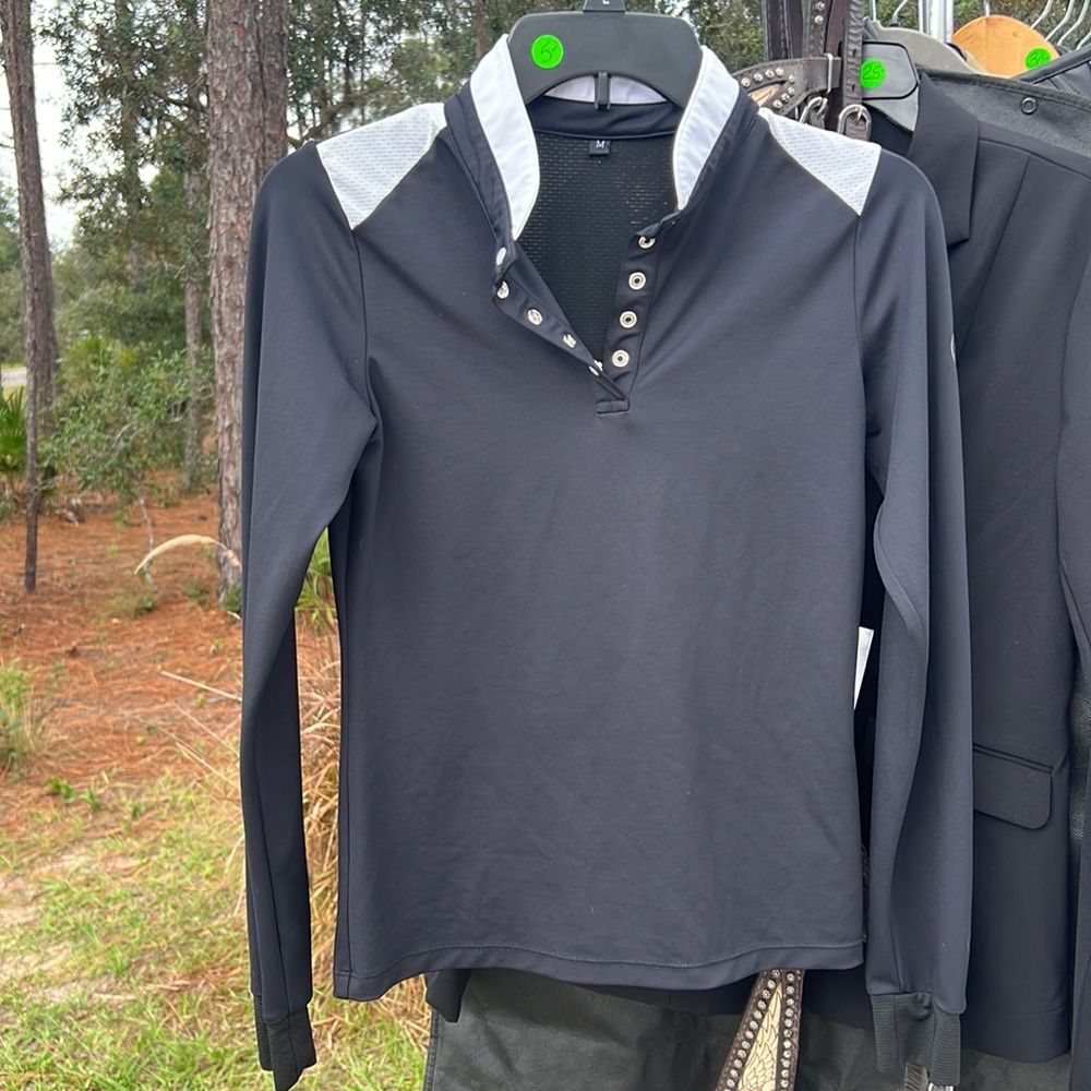 Women's Long Sleeve Snap Polo Tee - Black with White Accents